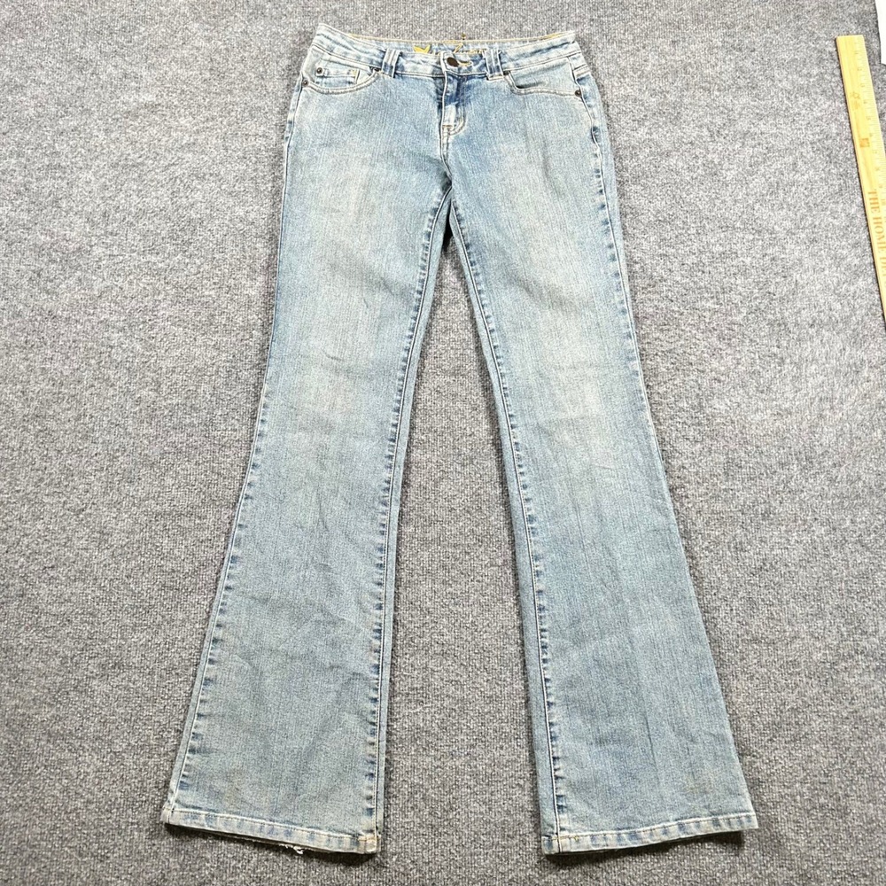 Wet Seal Jeans Womens Size 5L Blue Flare Low Rise Light Wash Frayed Denim Stains